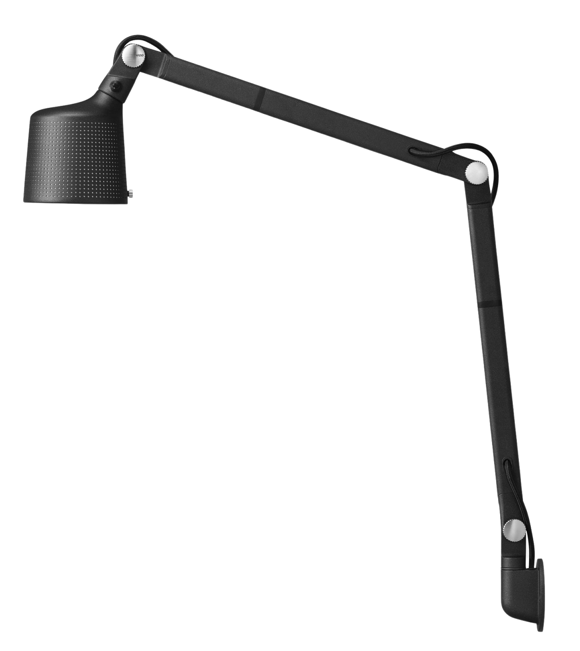 Schwarze Vipp Wandlampe mit verstellbarem Arm und perforiertem Lampenschirm für moderne Innenbeleuchtung.